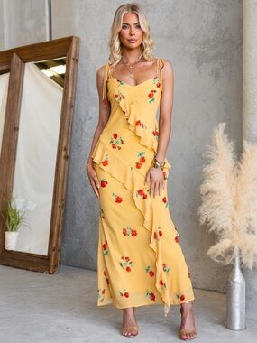 Yellow Red Rose Floral Ruffle Maxi Dress Small